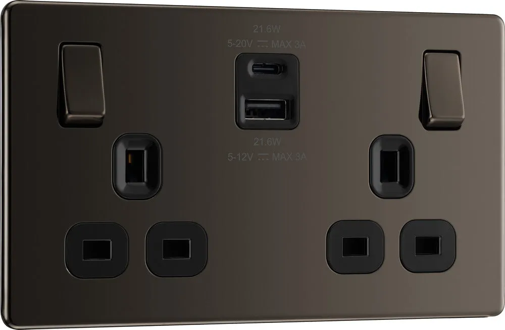 BG FBN22UAC22B Flatplate Screwless 13A Double Switched Power Socket   USB A C (22W) - Black Nickel   Black Insert