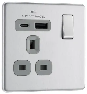 BG FBS21UAC18G Flatplate Screwless 13A Single Switched Power Socket   USB A C (18W) - Brushed Steel   Grey Insert