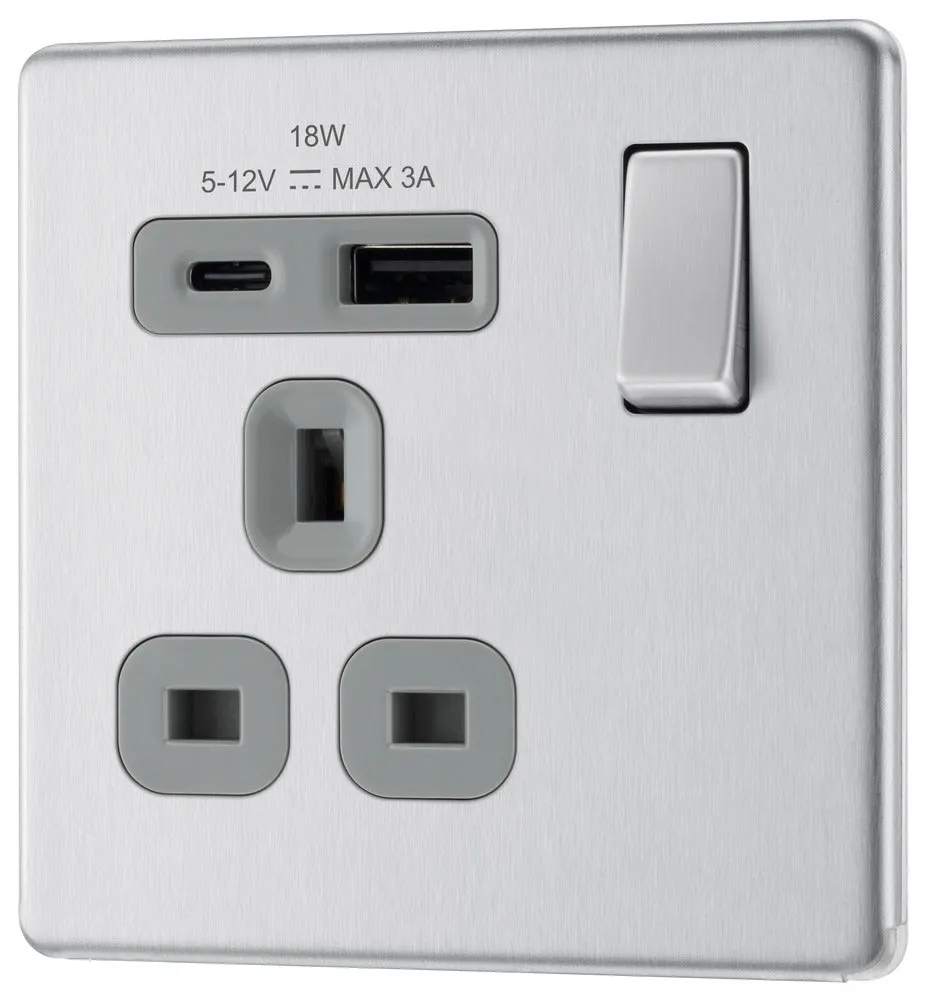 BG FBS21UAC18G Flatplate Screwless 13A Single Switched Power Socket   USB A C (18W) - Brushed Steel   Grey Insert