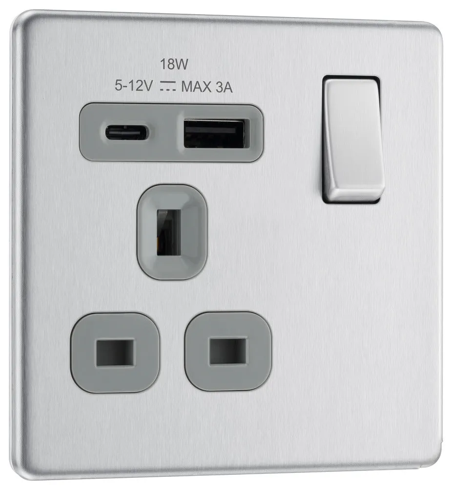BG FBS21UAC18G Flatplate Screwless 13A Single Switched Power Socket   USB A C (18W) - Brushed Steel   Grey Insert