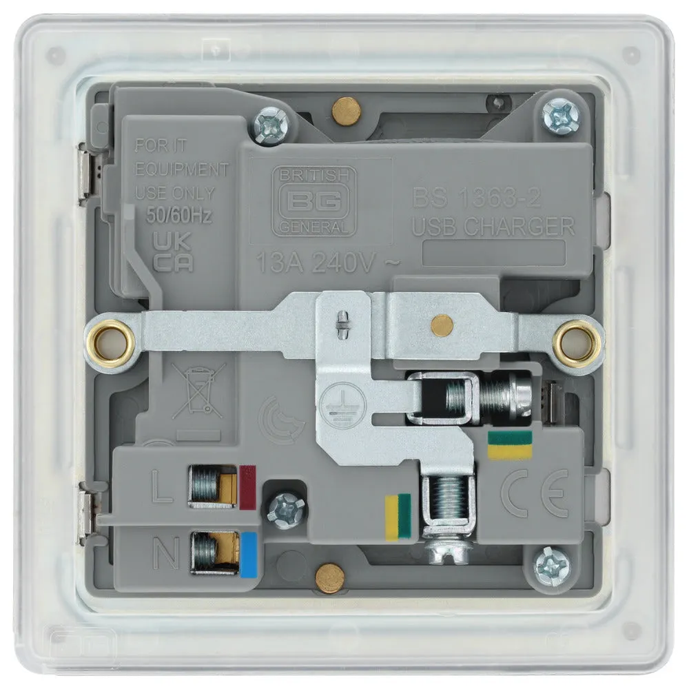 BG FBS21UAC18G Flatplate Screwless 13A Single Switched Power Socket   USB A C (18W) - Brushed Steel   Grey Insert