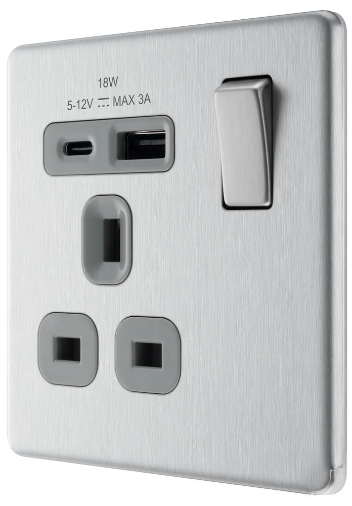 BG FBS21UAC18G Flatplate Screwless 13A Single Switched Power Socket   USB A C (18W) - Brushed Steel   Grey Insert