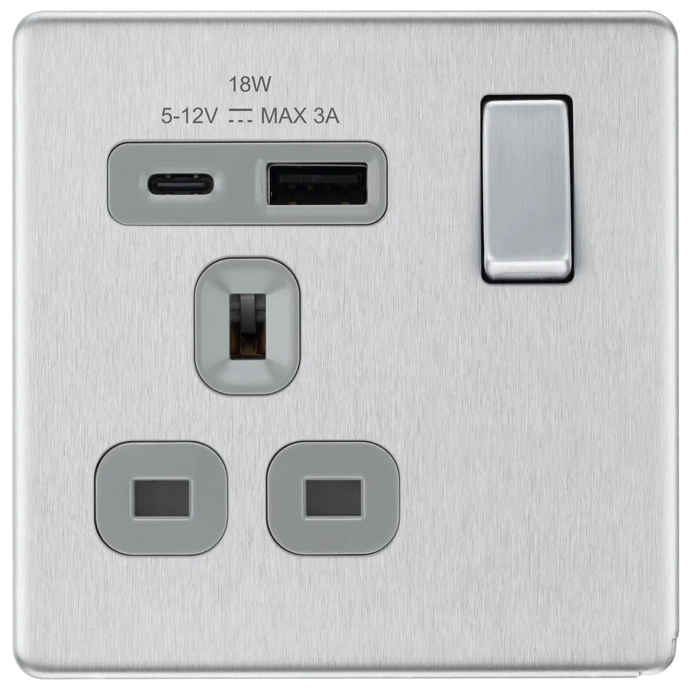 BG FBS21UAC18G Flatplate Screwless 13A Single Switched Power Socket   USB A C (18W) - Brushed Steel   Grey Insert