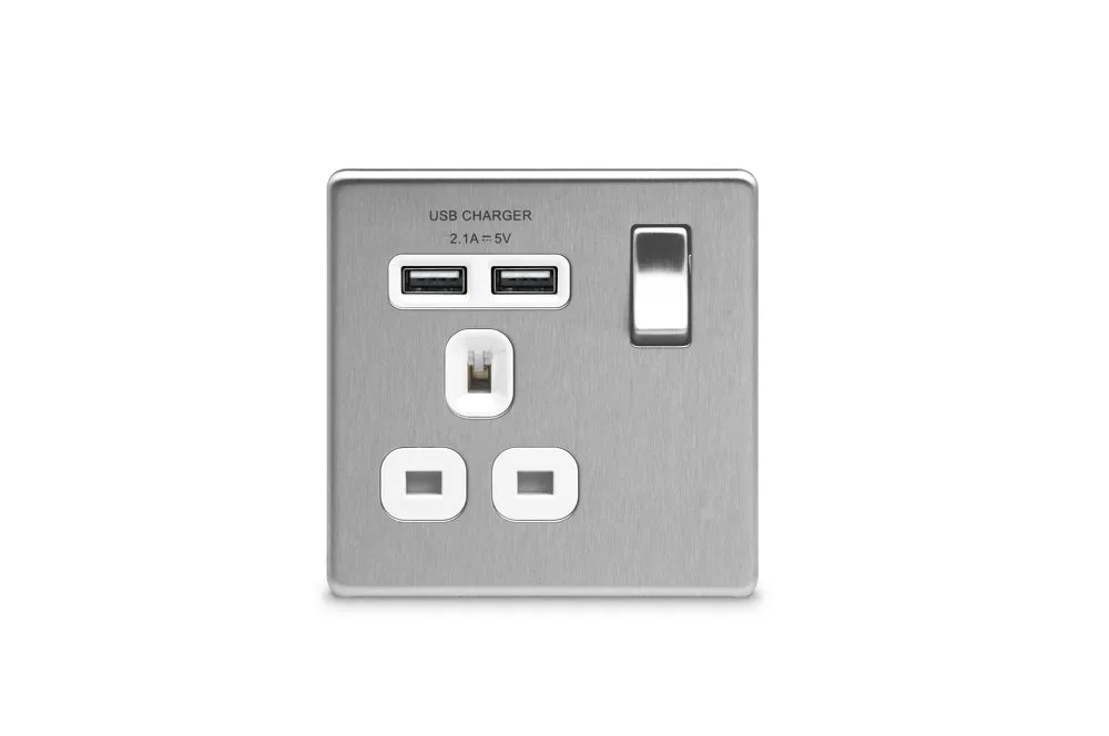 BG FBS21UW Flatplate Screwless Single Socket   2x USB - White Insert - Brushed Steel
