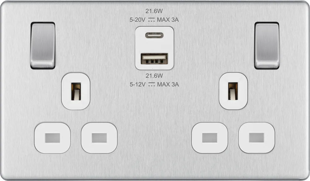 BG FBS22UAC22W Flatplate Screwless 13A Double Switched Power Socket   USB A C (22W) - Brushed Steel   White Insert