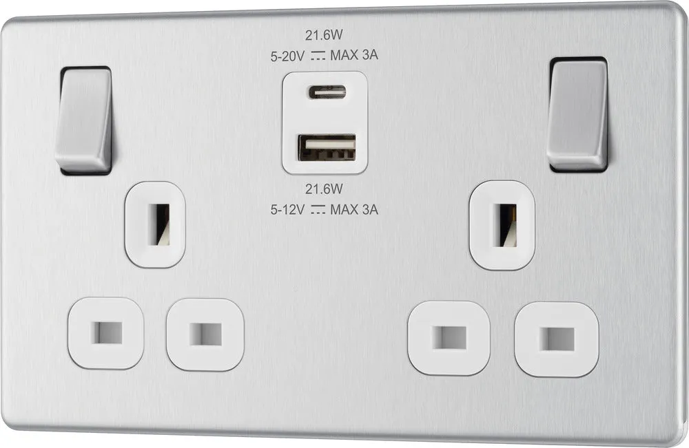 BG FBS22UAC22W Flatplate Screwless 13A Double Switched Power Socket   USB A C (22W) - Brushed Steel   White Insert