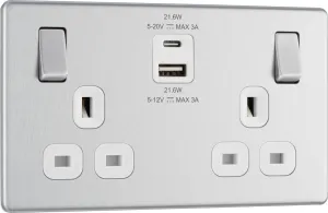 BG FBS22UAC22W Flatplate Screwless 13A Double Switched Power Socket   USB A C (22W) - Brushed Steel   White Insert