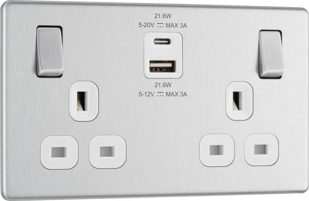 BG FBS22UAC22W Flatplate Screwless 13A Double Switched Power Socket   USB A C (22W) - Brushed Steel   White Insert