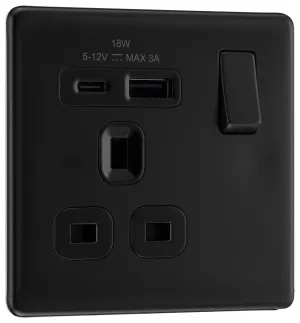 BG FFB21UAC18B Flatplate Screwless 13A Single Switched Power Socket   USB A C (18W) - Matt Black   Black Insert
