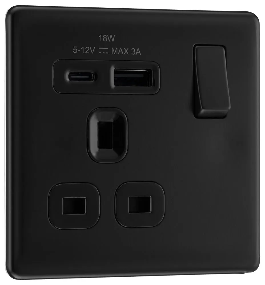 BG FFB21UAC18B Flatplate Screwless 13A Single Switched Power Socket   USB A C (18W) - Matt Black   Black Insert