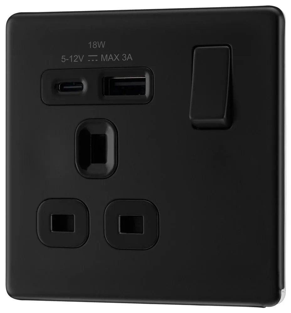 BG FFB21UAC18B Flatplate Screwless 13A Single Switched Power Socket   USB A C (18W) - Matt Black   Black Insert