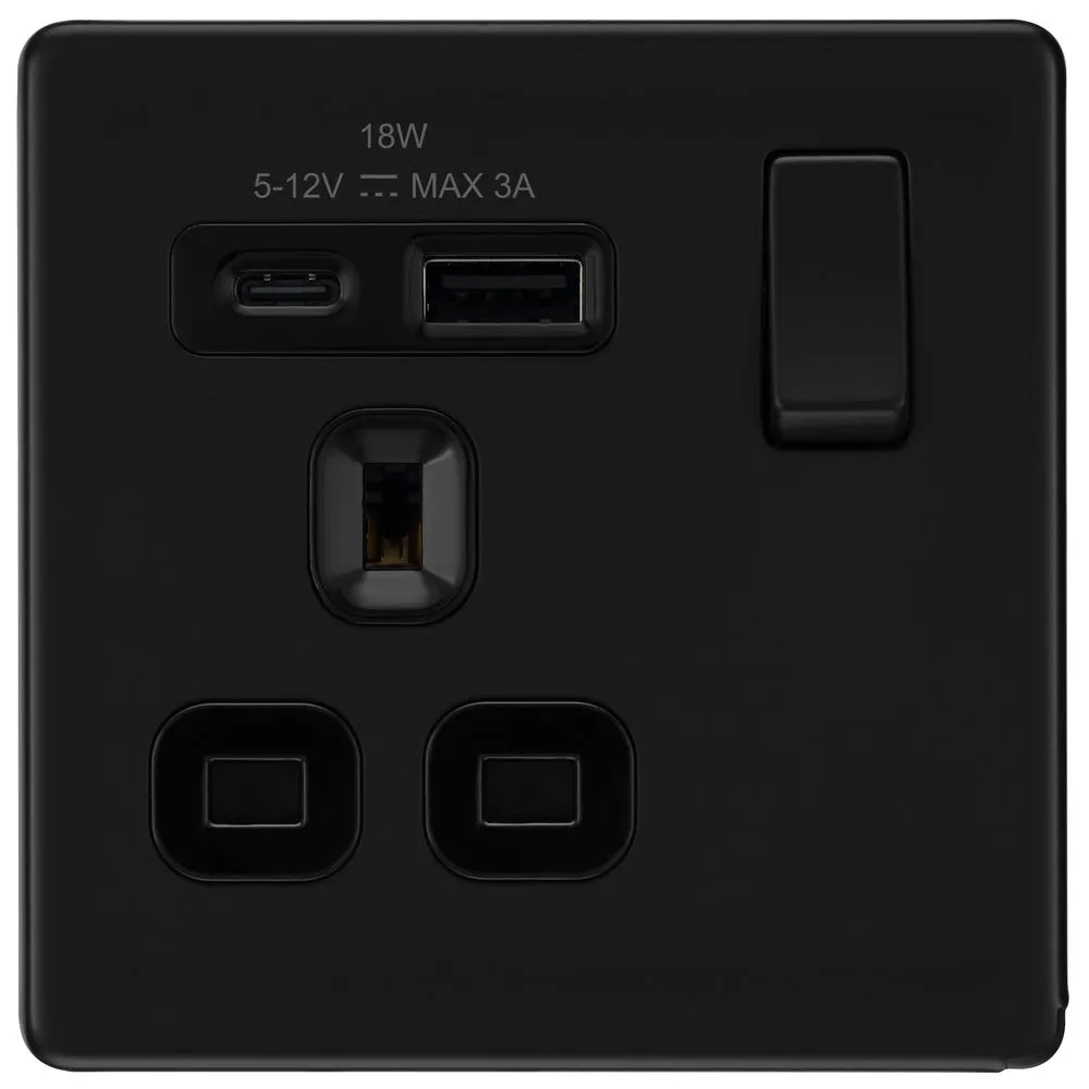 BG FFB21UAC18B Flatplate Screwless 13A Single Switched Power Socket   USB A C (18W) - Matt Black   Black Insert