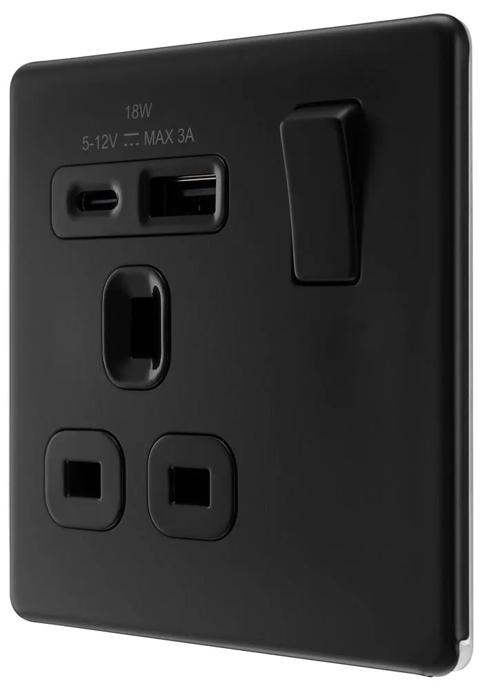 BG FFB21UAC18B Flatplate Screwless 13A Single Switched Power Socket   USB A C (18W) - Matt Black   Black Insert