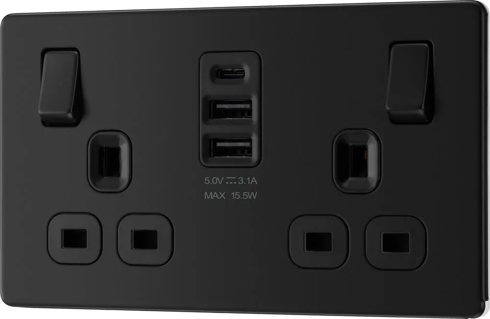 BG FFB22UAAC15B Flatplate Screwless Double Socket   2xUSB A  1xUSB C(15W) - Black Insert - Matt Black