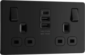 BG FFB22UAAC15B Flatplate Screwless Double Socket   2xUSB A  1xUSB C(15W) - Black Insert - Matt Black