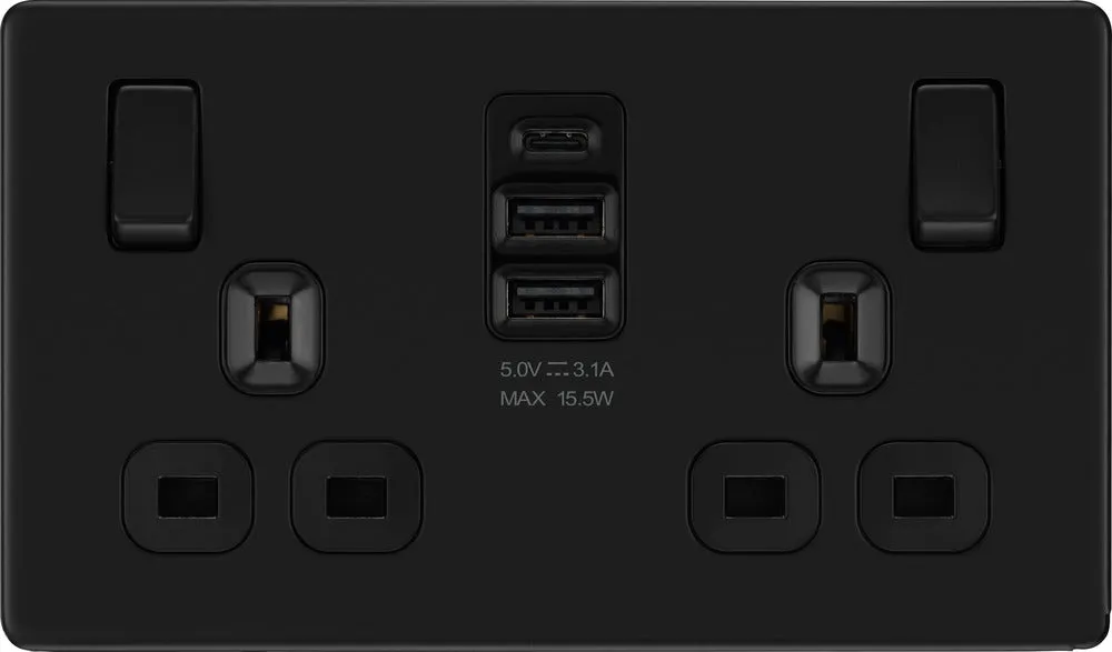 BG FFB22UAAC15B Flatplate Screwless Double Socket   2xUSB A  1xUSB C(15W) - Black Insert - Matt Black