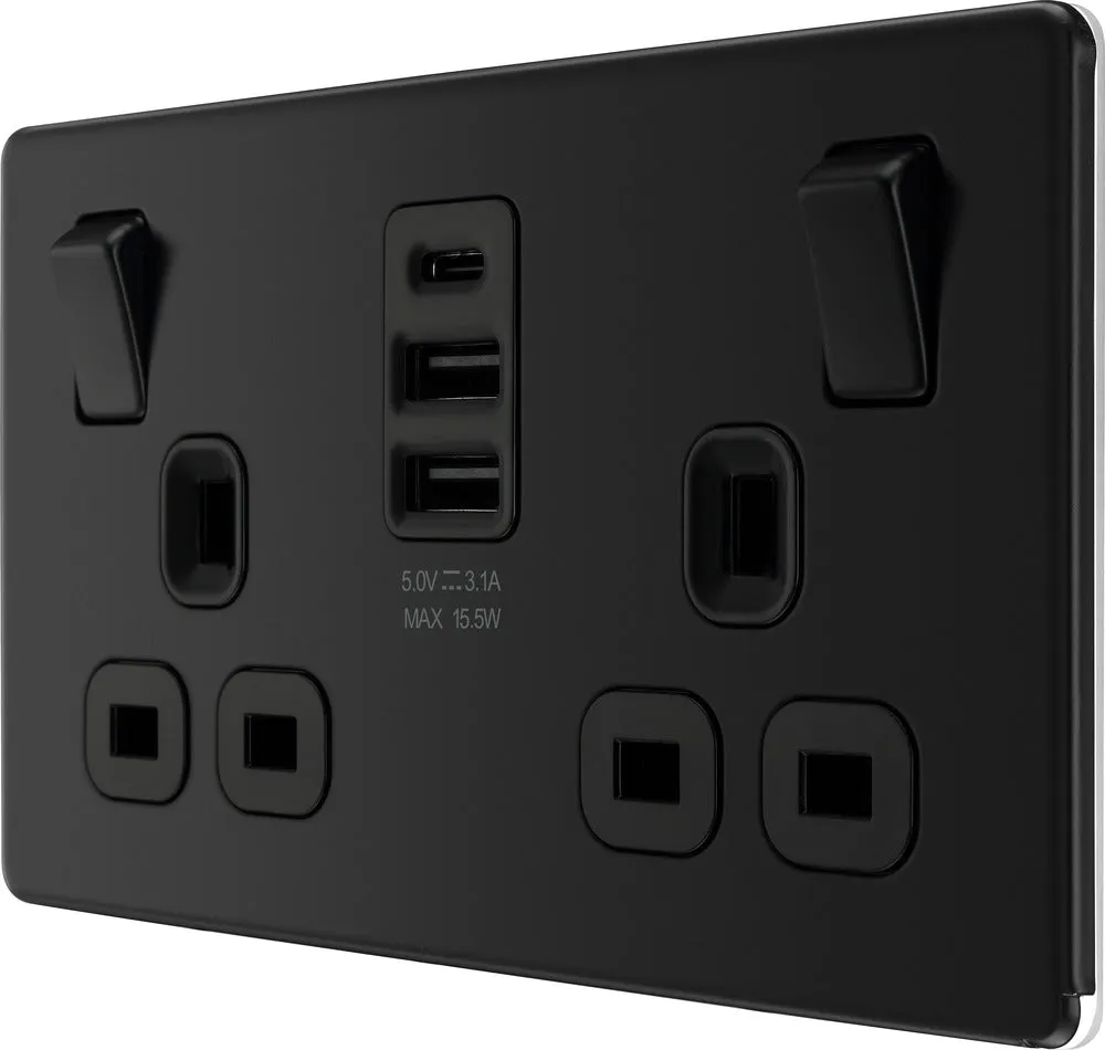 BG FFB22UAAC15B Flatplate Screwless Double Socket   2xUSB A  1xUSB C(15W) - Black Insert - Matt Black