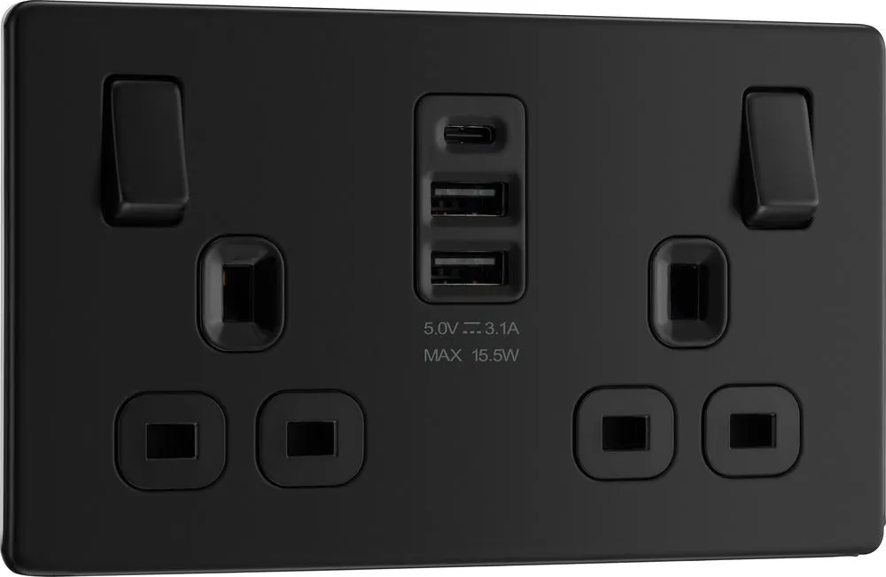 BG FFB22UAAC15B Flatplate Screwless Double Socket   2xUSB A  1xUSB C(15W) - Black Insert - Matt Black