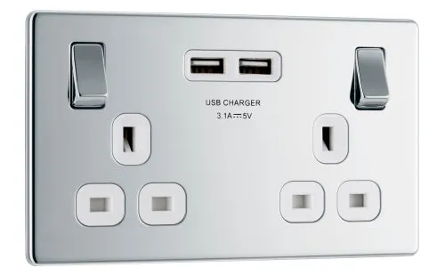 BG FPC22U3W Flatplate Screwless Double Socket   2x USB(3.1A) - White Insert - Polished Chrome