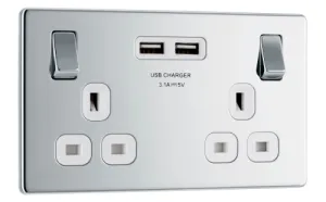 BG FPC22U3W Flatplate Screwless Double Socket   2x USB(3.1A) - White Insert - Polished Chrome
