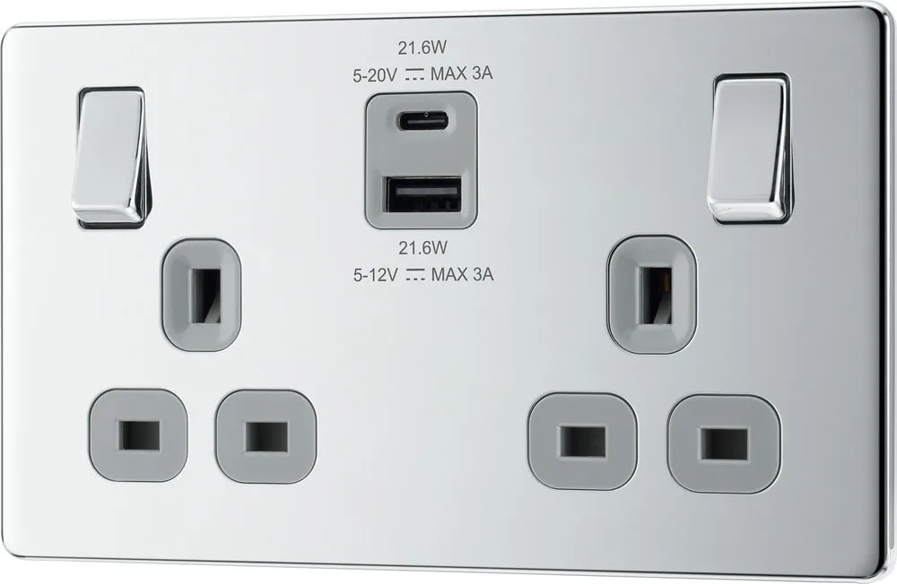 BG FPC22UAC22G Flatplate Screwless 13A Double Switched Power Socket   USB A C (22W) - Polished Chrome   Grey Insert