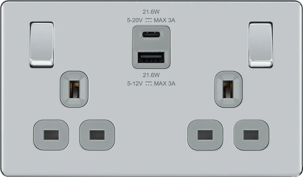 BG FPC22UAC22G Flatplate Screwless 13A Double Switched Power Socket   USB A C (22W) - Polished Chrome   Grey Insert