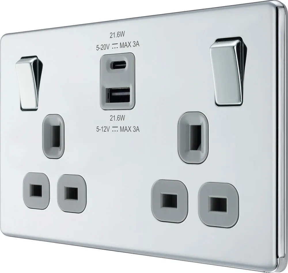 BG FPC22UAC22G Flatplate Screwless 13A Double Switched Power Socket   USB A C (22W) - Polished Chrome   Grey Insert