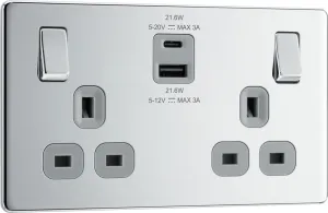 BG FPC22UAC22G Flatplate Screwless 13A Double Switched Power Socket   USB A C (22W) - Polished Chrome   Grey Insert