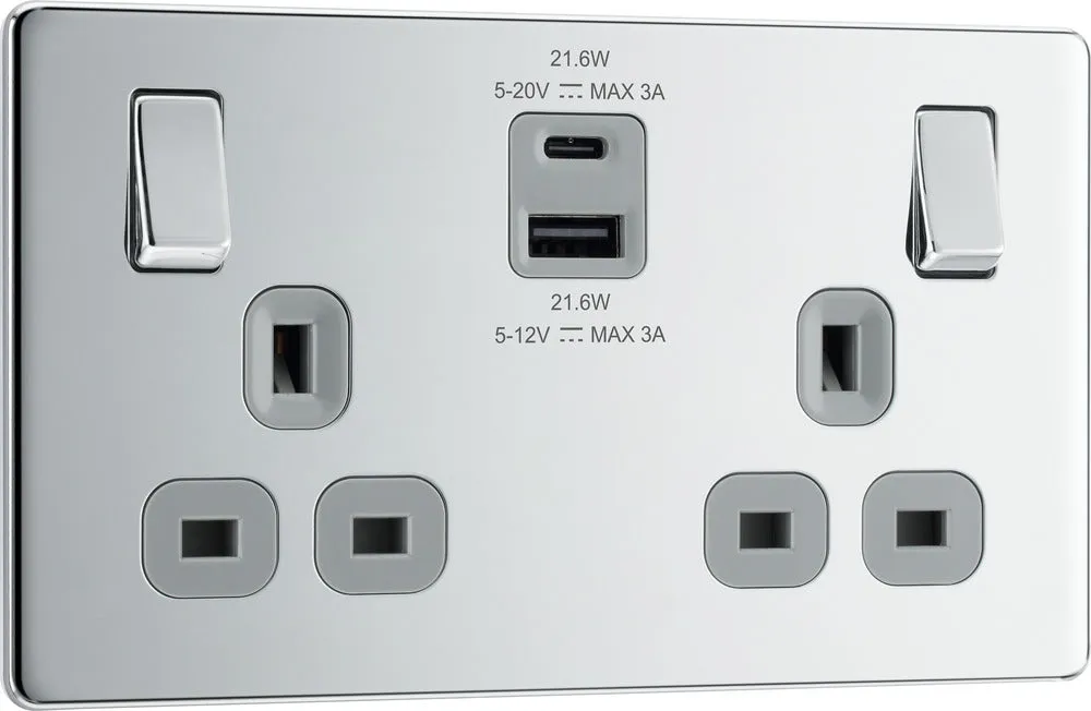BG FPC22UAC22G Flatplate Screwless 13A Double Switched Power Socket   USB A C (22W) - Polished Chrome   Grey Insert