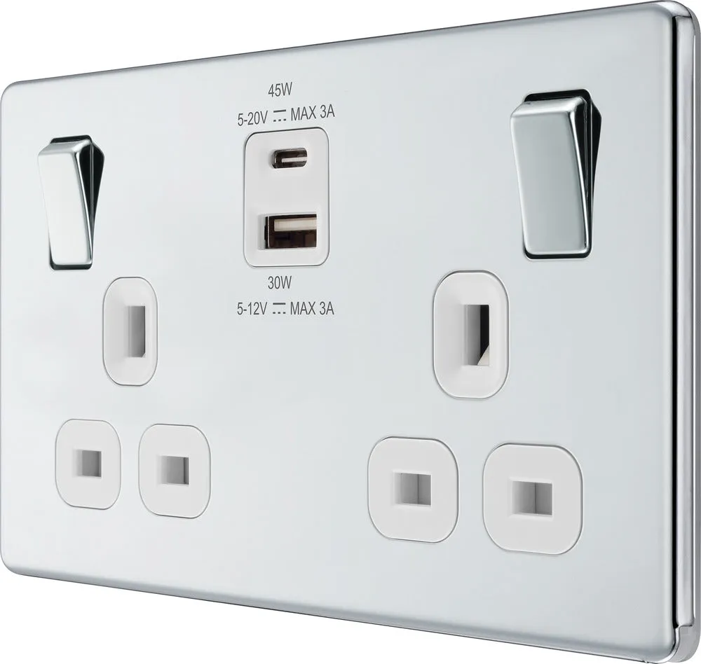 BG FPC22UAC45W Flatplate Screwless 13A Double Switched Power Socket   USB A C (45W) - Polished Chrome   White Insert