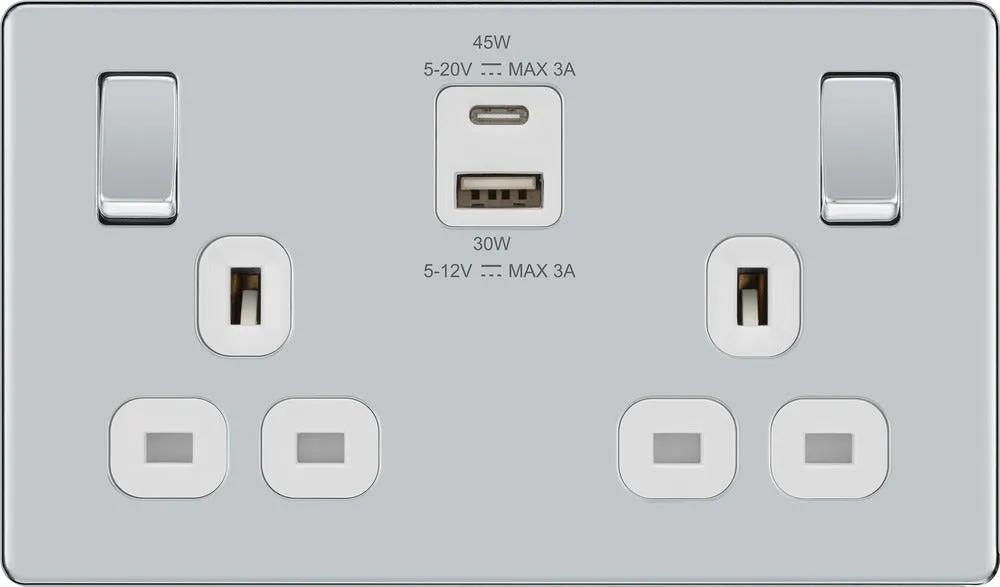 BG FPC22UAC45W Flatplate Screwless 13A Double Switched Power Socket   USB A C (45W) - Polished Chrome   White Insert