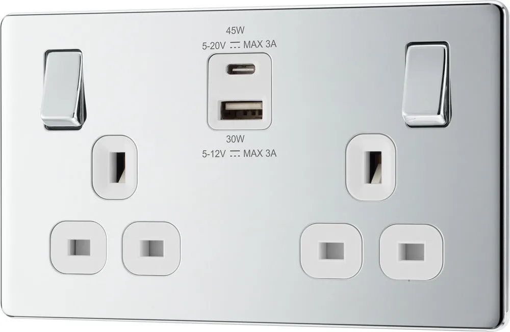 BG FPC22UAC45W Flatplate Screwless 13A Double Switched Power Socket   USB A C (45W) - Polished Chrome   White Insert