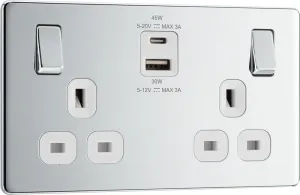 BG FPC22UAC45W Flatplate Screwless 13A Double Switched Power Socket   USB A C (45W) - Polished Chrome   White Insert