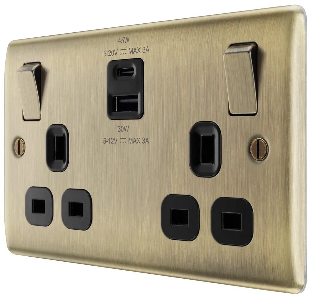 BG NAB22UAC45B Nexus Metal 13A Double Switched Power Socket   USB A C (45W) - Antique Brass   Black Insert