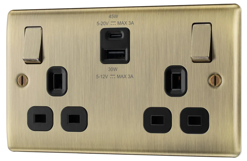 BG NAB22UAC45B Nexus Metal 13A Double Switched Power Socket   USB A C (45W) - Antique Brass   Black Insert