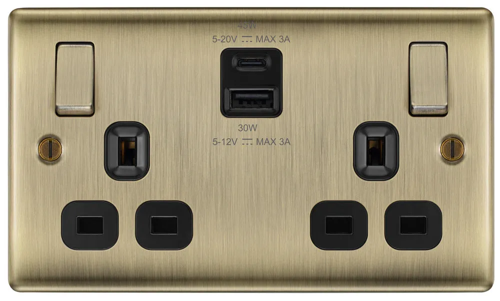 BG NAB22UAC45B Nexus Metal 13A Double Switched Power Socket   USB A C (45W) - Antique Brass   Black Insert