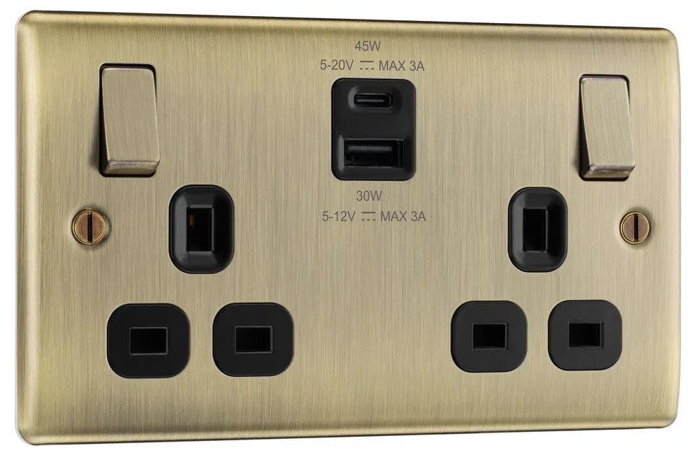 BG NAB22UAC45B Nexus Metal 13A Double Switched Power Socket   USB A C (45W) - Antique Brass   Black Insert