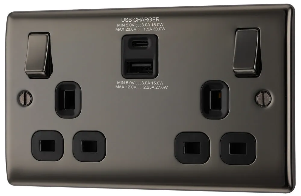 BG NBN22UAC30B Nexus Metal 13A Double Socket   USB A C (30W) - Black Insert - Black Nickel
