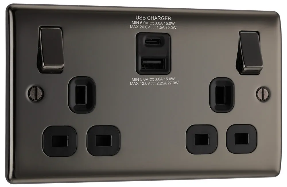 BG NBN22UAC30B Nexus Metal 13A Double Socket   USB A C (30W) - Black Insert - Black Nickel