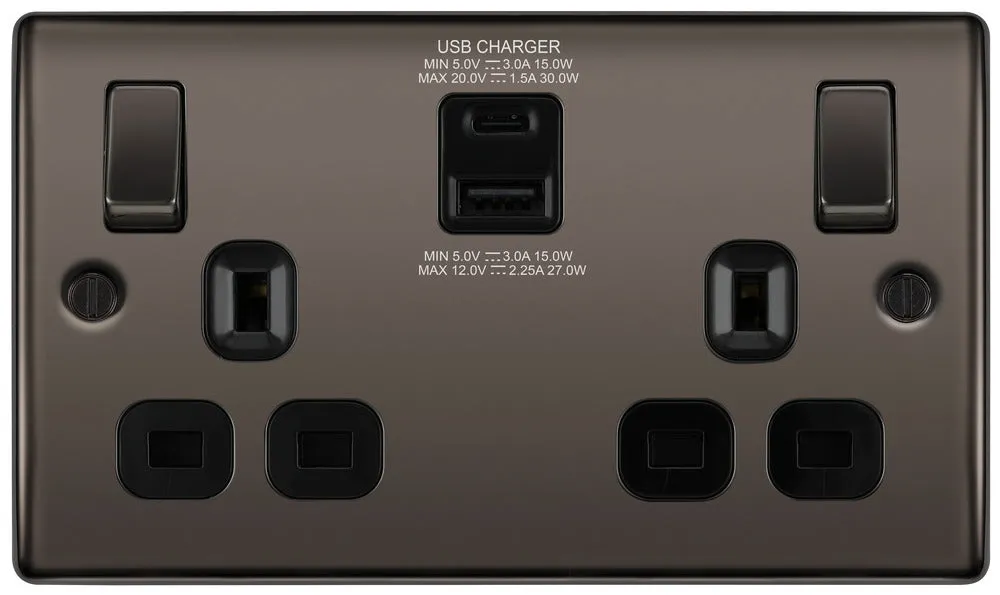BG NBN22UAC30B Nexus Metal 13A Double Socket   USB A C (30W) - Black Insert - Black Nickel