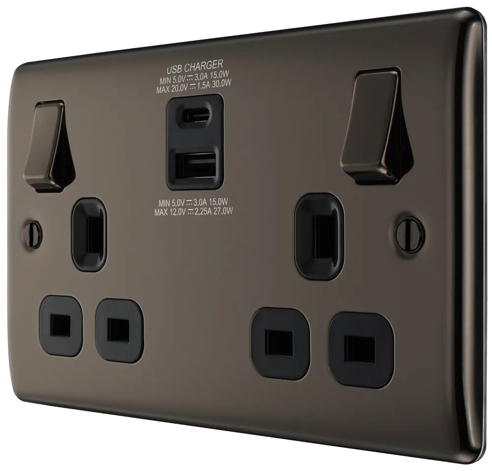 BG NBN22UAC30B Nexus Metal 13A Double Socket   USB A C (30W) - Black Insert - Black Nickel