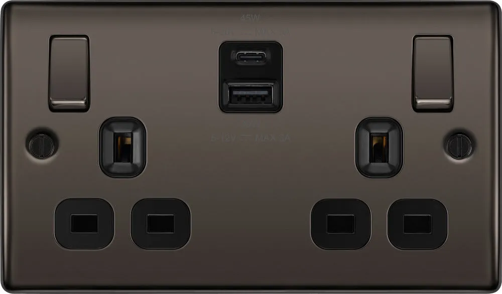 BG NBN22UAC45B Nexus Metal 13A Double Switched Power Socket   USB A C (45W) - Black Nickel   Black Insert