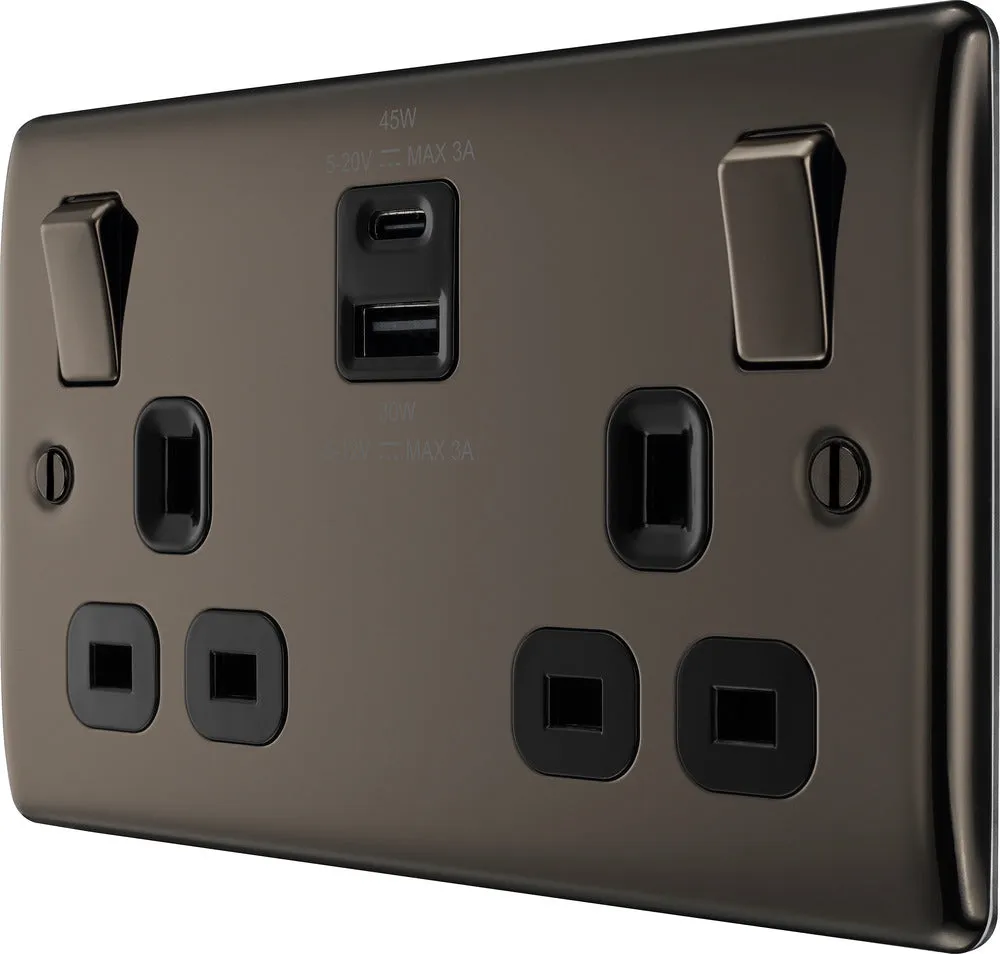 BG NBN22UAC45B Nexus Metal 13A Double Switched Power Socket   USB A C (45W) - Black Nickel   Black Insert