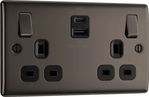 BG NBN22UAC45B Nexus Metal 13A Double Switched Power Socket   USB A C (45W) - Black Nickel   Black Insert
