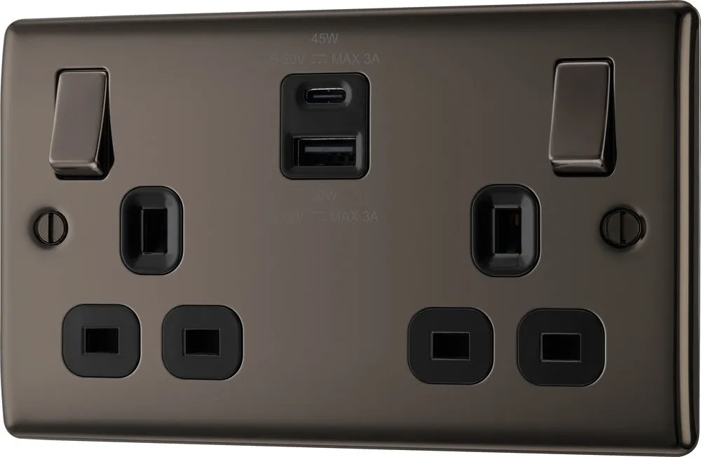 BG NBN22UAC45B Nexus Metal 13A Double Switched Power Socket   USB A C (45W) - Black Nickel   Black Insert