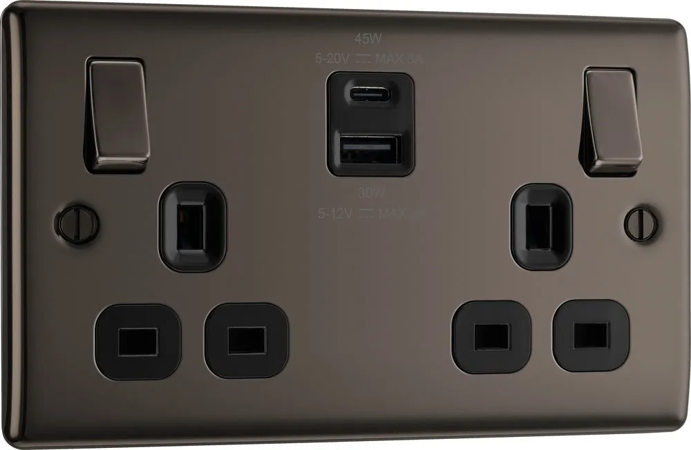 BG NBN22UAC45B Nexus Metal 13A Double Switched Power Socket   USB A C (45W) - Black Nickel   Black Insert
