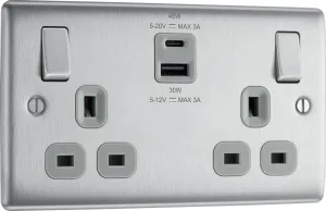 BG NBS22UAC45G Nexus Metal 13A Double Switched Power Socket   USB A C (45W) - Brushed Steel   Grey Insert