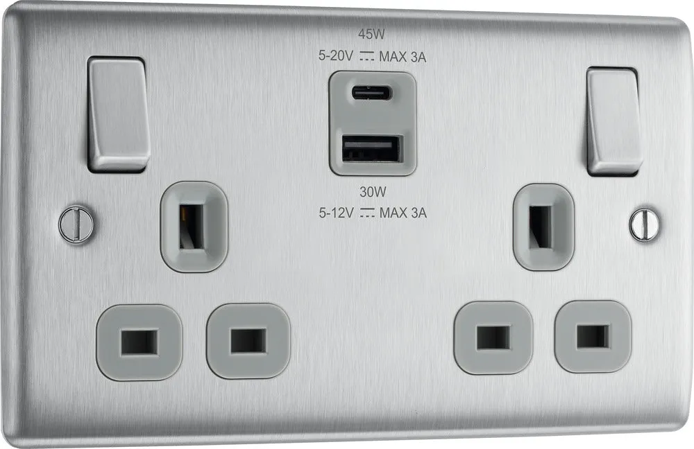 BG NBS22UAC45G Nexus Metal 13A Double Switched Power Socket   USB A C (45W) - Brushed Steel   Grey Insert