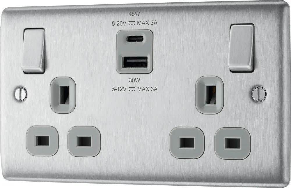 BG NBS22UAC45G Nexus Metal 13A Double Switched Power Socket   USB A C (45W) - Brushed Steel   Grey Insert