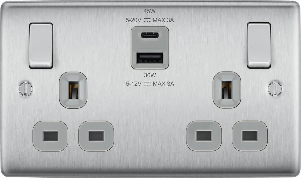 BG NBS22UAC45G Nexus Metal 13A Double Switched Power Socket   USB A C (45W) - Brushed Steel   Grey Insert